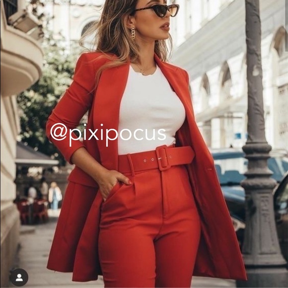 NWT ZARA BELTED HIGH WAISTED PANTS RED - Picture 2 of 16